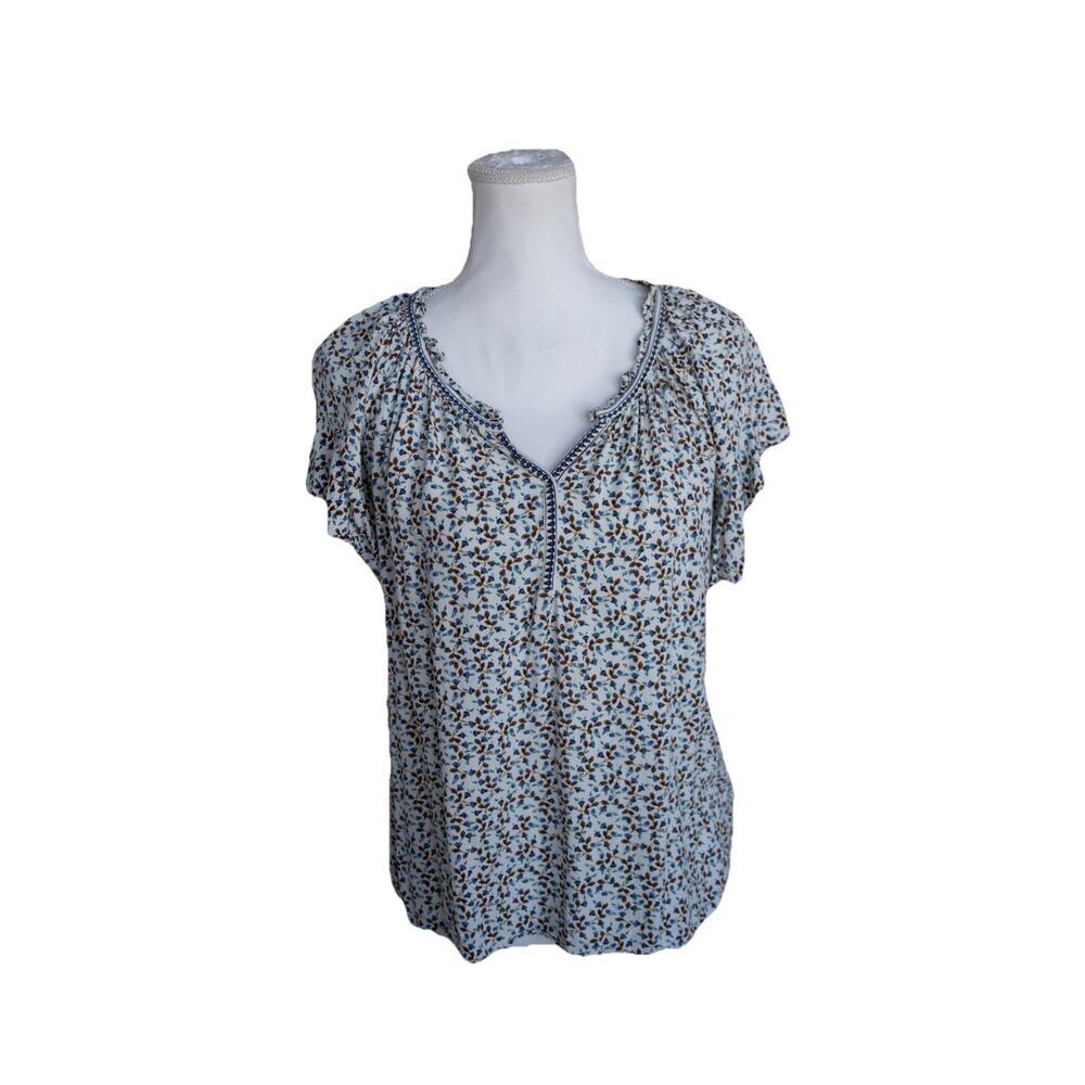 Max Studio Floral Blouse Women’s Large Blue White Short Sleeve Boho Top